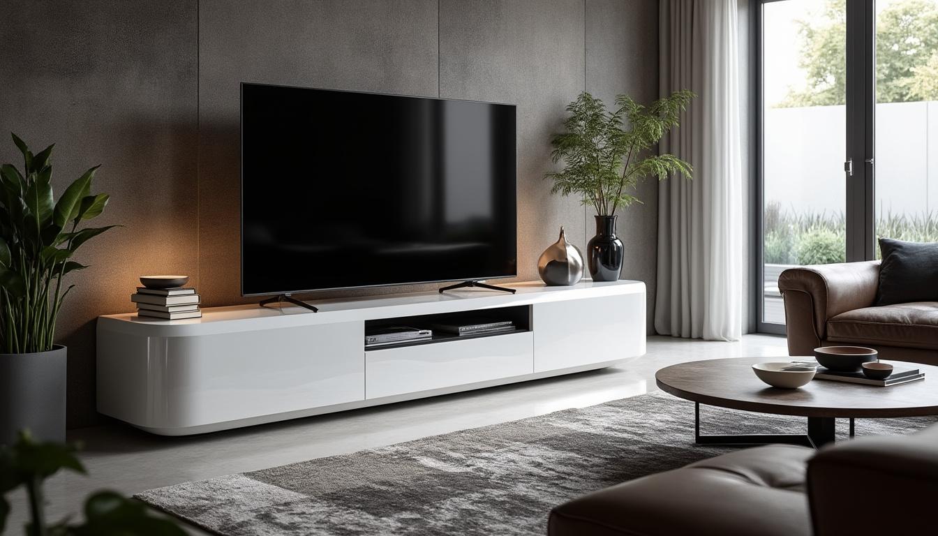 découvrez le meuble tv design blanc laqué cavalli, une pièce unique qui transformera votre intérieur. alliez esthétisme et fonctionnalité avec ce mobilier chic pour sublimer votre salon.