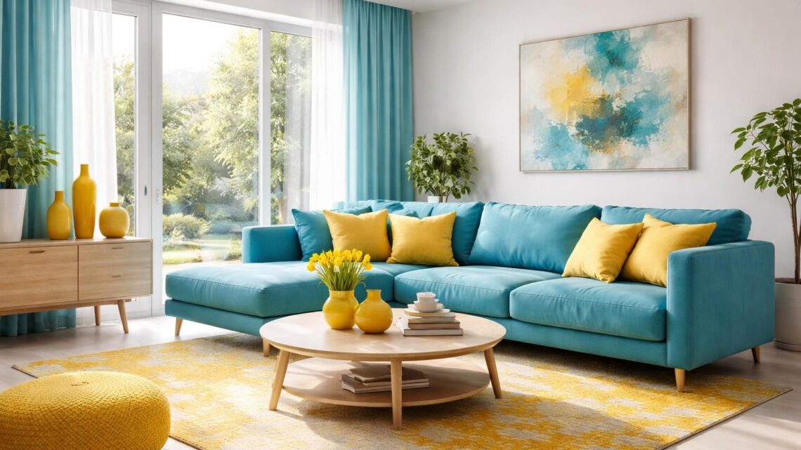 Salon bleu turquoise et jaune : osez cette alliance de couleurs dynamiques