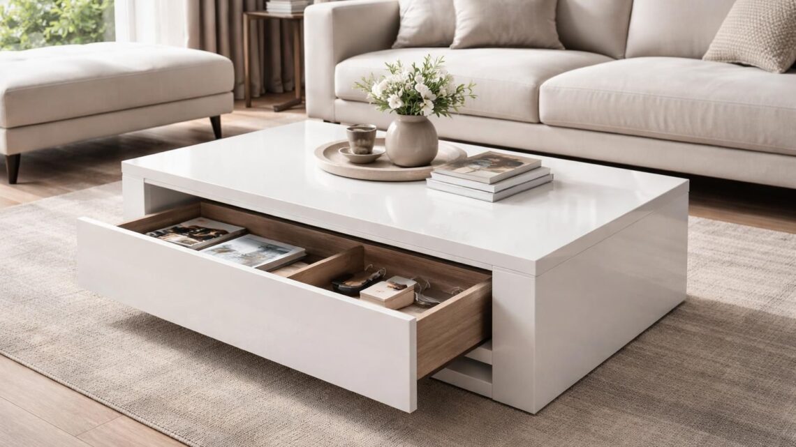 Table basse laqué blanc avec tiroir : l&rsquo;atout rangement d&rsquo;un salon moderne