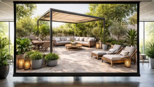 Terrasse : plan d’aménagement extérieur projeté sur écran de projection