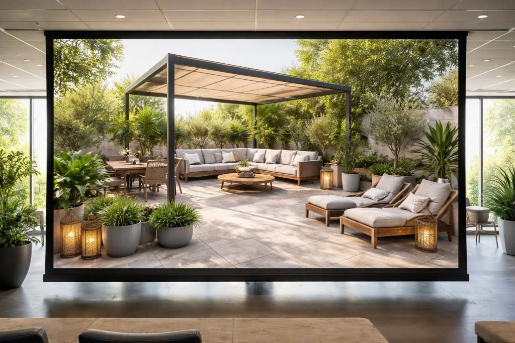 découvrez comment aménager votre terrasse grâce à un plan d’aménagement extérieur projeté sur écran de projection, pour visualiser et optimiser votre espace avec précision.