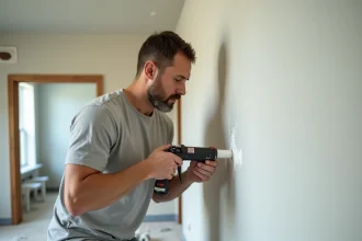 Artisan appliquant un joint acrylique blanc dans un angle de mur intérieur avant peinture, avec pistolet à calfeutrer