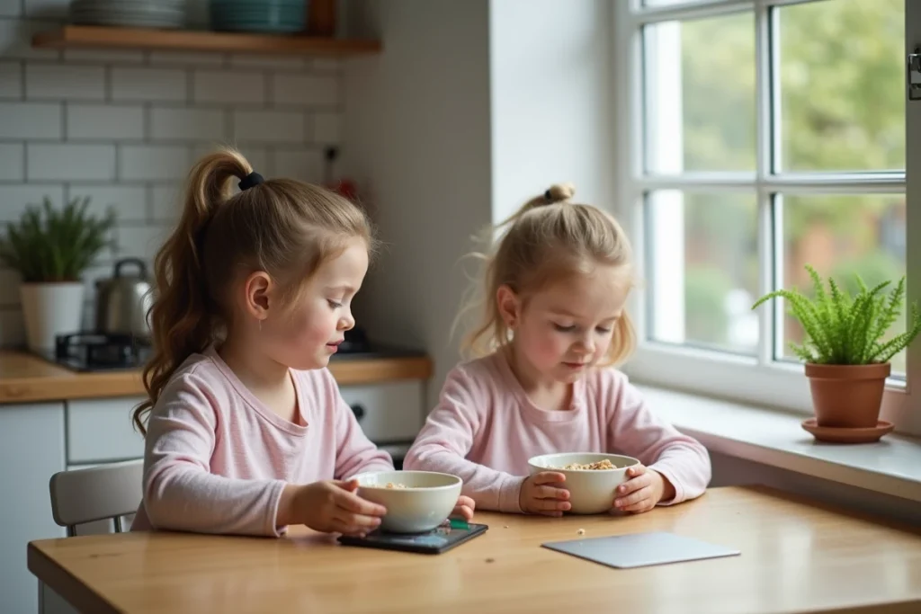 Deux enfants en pyjama qui petit-déjeunen tranquillement au son d'une musique relaxante diffusée sur une tablette au bord de la fenêtre