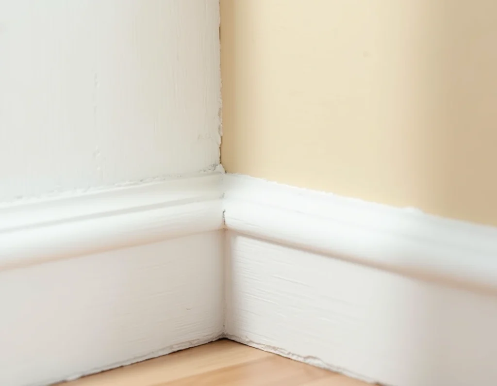 Gros plan sur un joint acrylique blanc appliqué dans un angle de mur intérieur, côté peint et côté non peint visibles