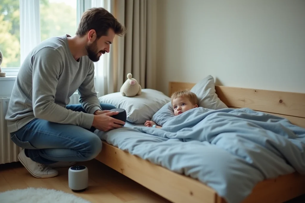 Père qui réveille doucement son fils avec une musique relaxante depuis une enceinte Bluetooth posée près du lit