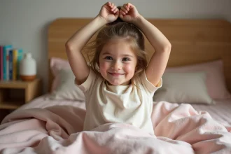 Petite fille qui s'étire au réveil dans son lit douillet avec des draps en coton pastel et un diffuseur sur la table de nuit