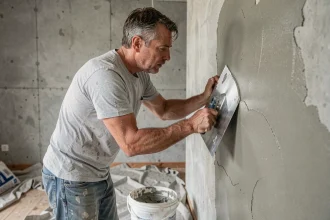 Homme appliquant un map enduit sur un mur intérieur avec une taloche en acier, dans une pièce en cours de rénovation