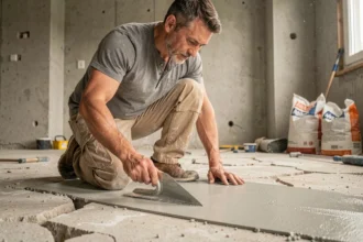 Artisan appliquant un ragréage autonivelant sur un plancher en béton abîmé dans un appartement en rénovation