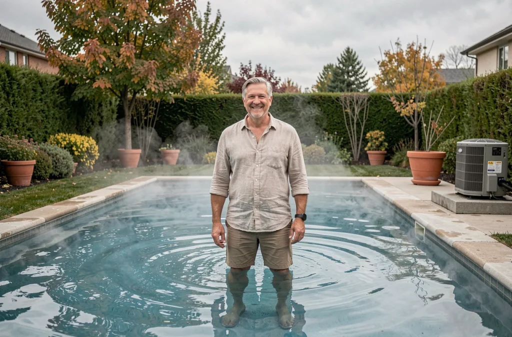 Homme profitant d'une piscine chauffée par pompe à chaleur en arrière-saison dans un jardin résidentiel
