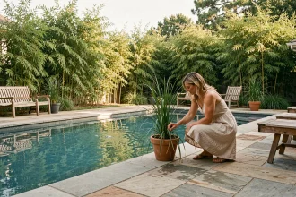Femme entretenant des plantes de bambou autour d'une piscine extérieure pour créer un écran de verdure naturel