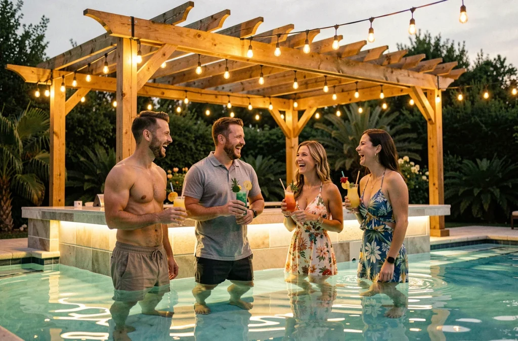 Groupe d'adultes autour d'un bar de piscine éclairé par des LED sous l'eau et des guirlandes sur une pergola en bois