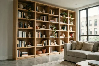 Bibliothèque sur mesure intégrée du sol au plafond en chêne dans un salon moderne avec canapé en lin et sol en béton