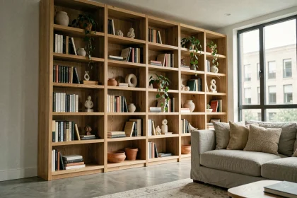 Bibliothèque sur mesure intégrée du sol au plafond en chêne dans un salon moderne avec canapé en lin et sol en béton