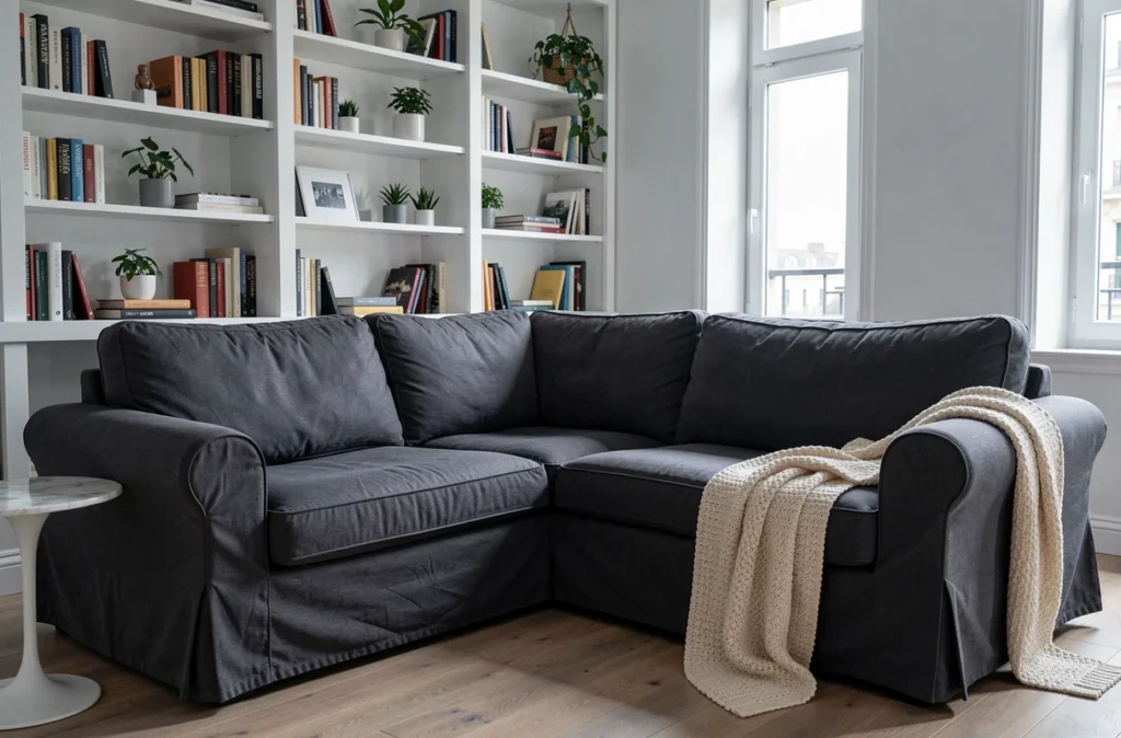 Salon moderne avec canapé d'angle recouvert d'une housse sur mesure gris anthracite style éditorial