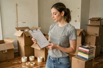Femme consultant une checklist de déménagement dans un appartement encombré de cartons ouverts