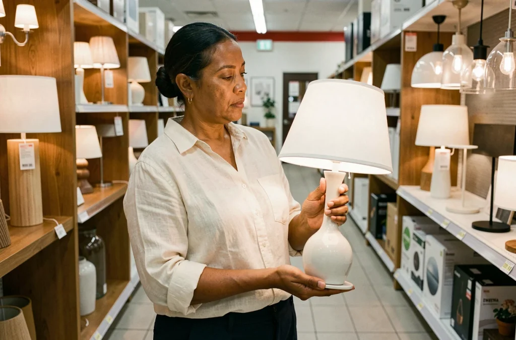 Femme comparant des abat-jours dans un magasin de luminaires pour bien choisir ses éclairages intérieurs
