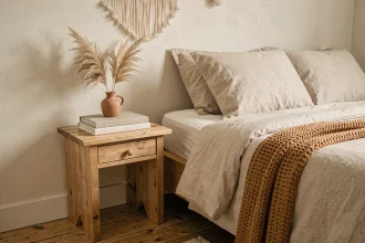 Coin chambre parentale cosy avec table de nuit en bois, vase en céramique et plaid tricoté beige pour une déco chaleureuse à petit budget