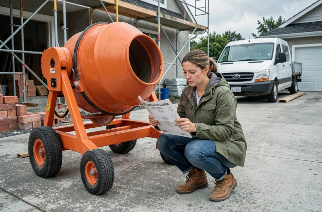 Femme comparant les prix de location d'une bétonnière électrique devant un chantier résidentiel