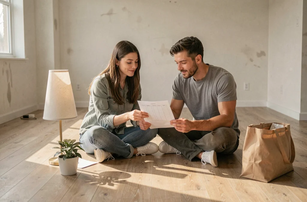 Couple vérifiant ensemble une checklist de déménagement assis sur le parquet d'un appartement vide