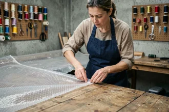 Femme cousant les bords d'une bâche à bulle sur une table d'atelier en bois avec fil résistant et double couture renforcée