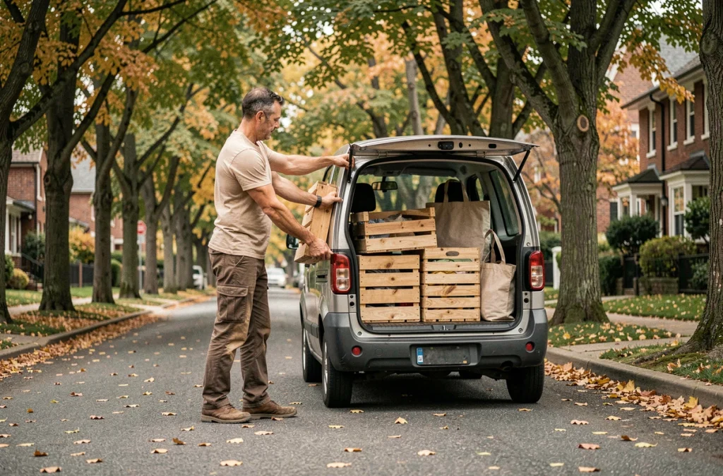 Homme chargeant un véhicule utilitaire électrique avec des caisses en bois lors d'un déménagement respectueux de l'environnement