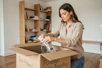 Femme emballant des affaires dans des cartons réutilisables lors d'un déménagement écologique dans un appartement minimaliste