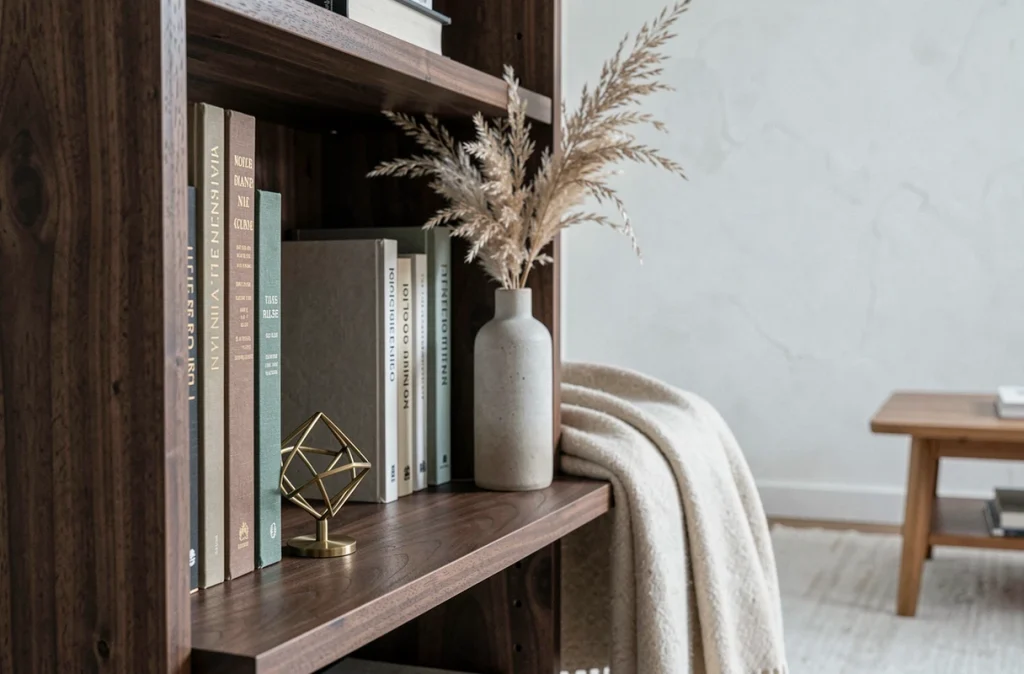 Détail d'une étagère de bibliothèque sur mesure en noyer avec livres, sculpture en laiton et vase céramique dans un salon scandinave