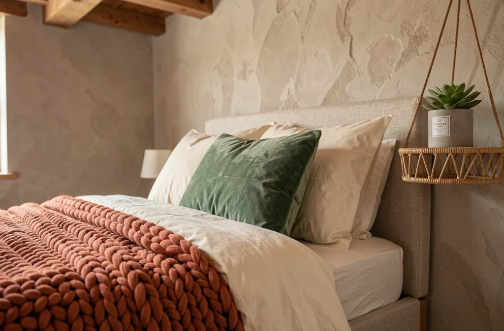 Détail literie chambre parentale avec plaid terracotta, coussins velours vert sauge et étagère rotin, décoration cosy à bas prix