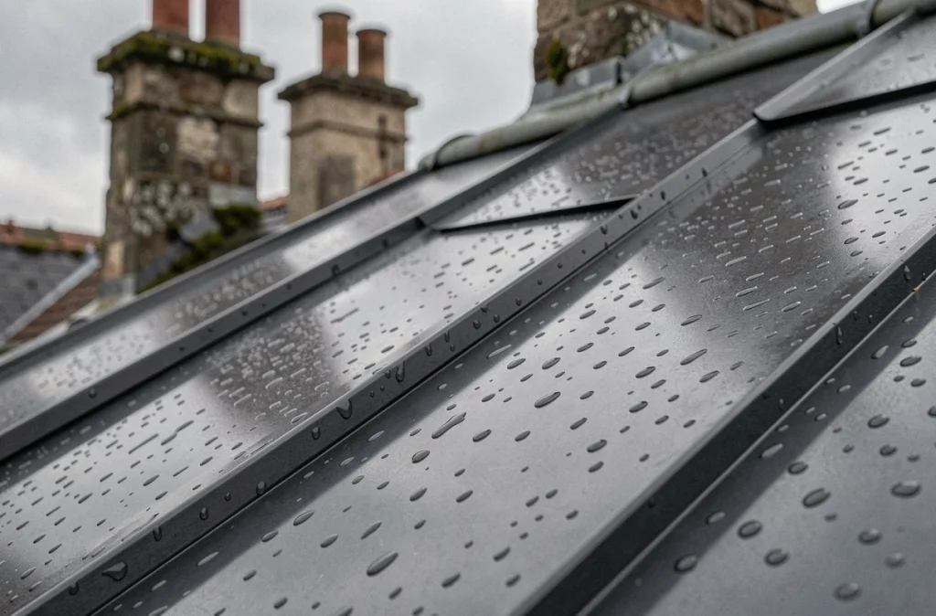 Détail de la texture bac acier imitation zinc sur une toiture rénovée avec joints debout anthracite