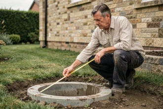 Propriétaire mesurant la distance réglementaire entre un puisard eaux pluviales et la maison dans un jardin résidentiel