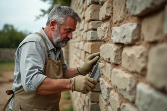 Maçon appliquant un dosage chaux sable adapté dans les joints larges d'un mur en pierre naturelle lors d'une rénovation