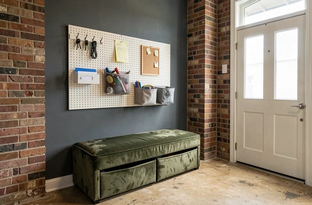 Entrée d'appartement optimisée avec système de pegboard, banc coffre et rangements muraux pour un espace compact bien organisé
