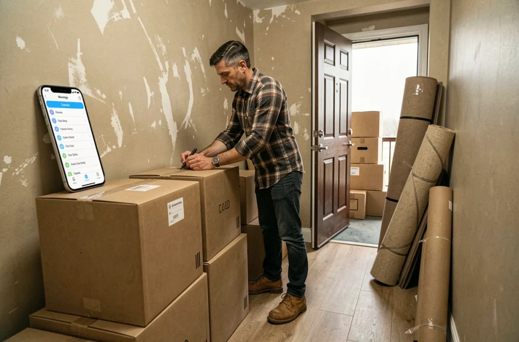 Homme étiquetant des cartons de déménagement dans un couloir d'appartement avec une checklist sur smartphone