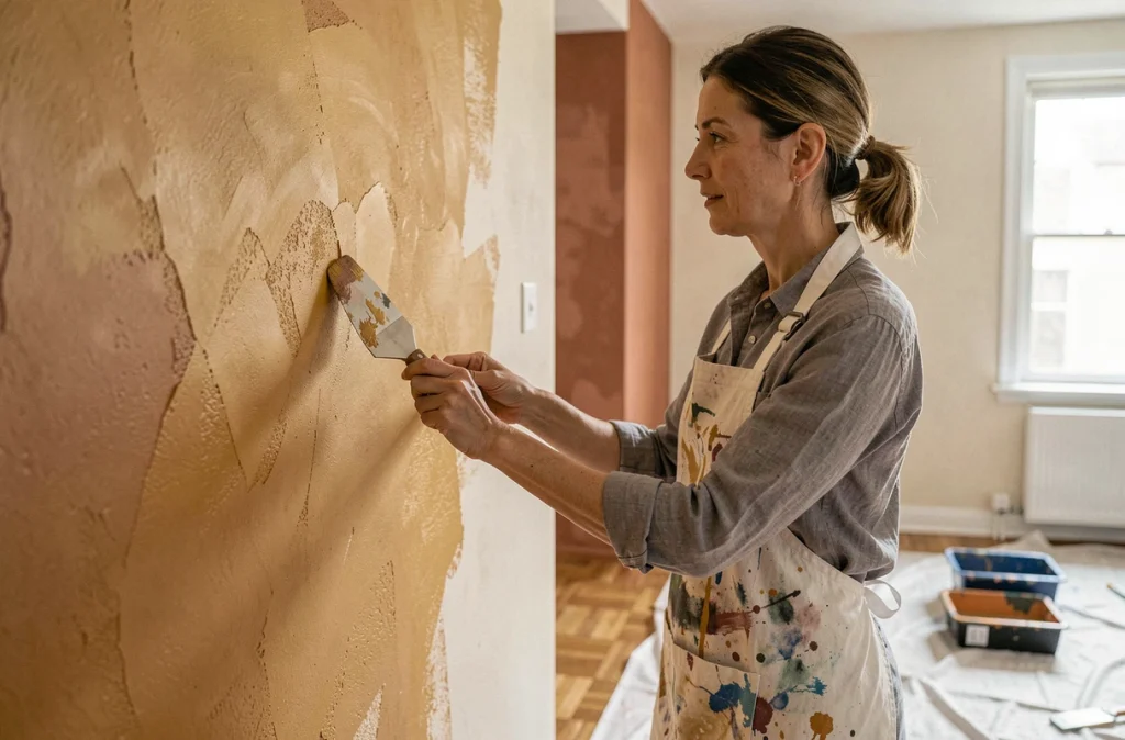 Femme appliquant une peinture à effet minéral ocre et terracotta sur un mur de salon avec une spatule