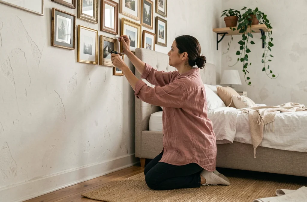 Femme aménageant un mur de cadres vintage dans une chambre parentale lumineuse, décoration DIY économique et chaleureuse