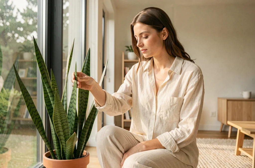 Femme entretenant une sansevière dans un appartement moderne aux grandes fenêtres avec décor scandinave