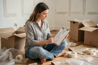 Femme organisant son déménagement avec une liste de contrôle et des cartons ouverts sur le sol