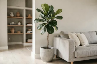 Grand ficus lyrata dans un pot en béton posé dans un salon moderne minimaliste avec canapé en lin gris