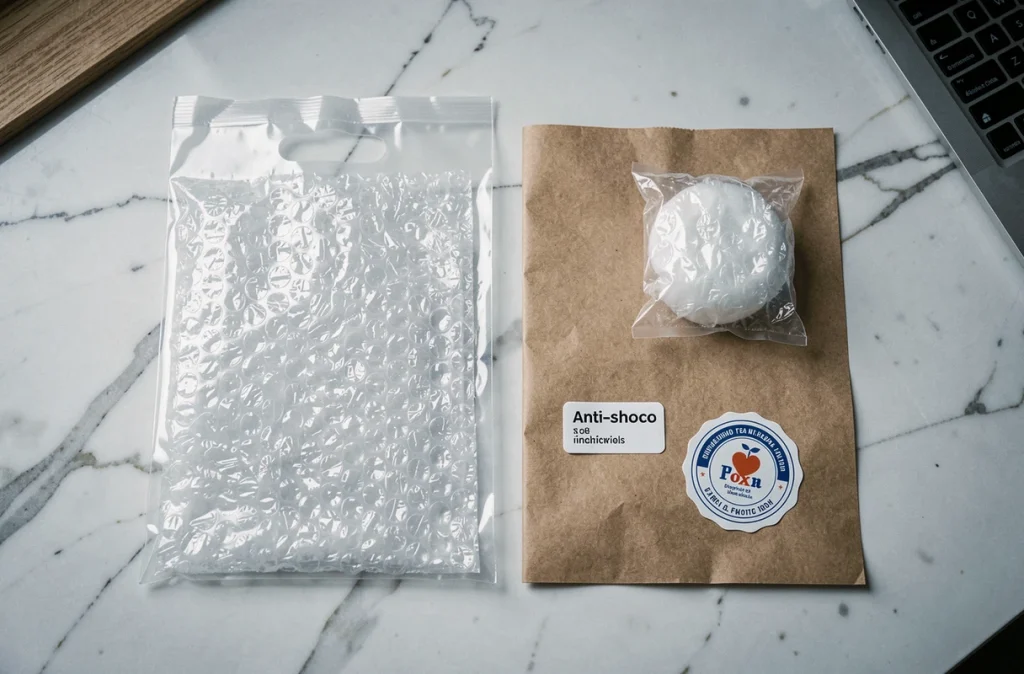 Flat-lay d'un sac cadeau transparent avec matériaux d'emballage protecteur sur marbre blanc, préparation de commande pour boutique en ligne