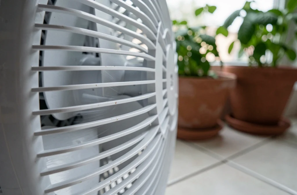 Gros plan sur la grille et les pales d'un ventilateur sur pied blanc posé dans une cuisine carrelée