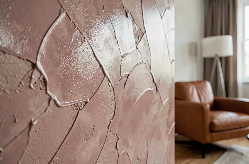 Gros plan sur une peinture effet stuc vénitien rose poudré et nacré sur mur de pièce de vie avec reflets cirés