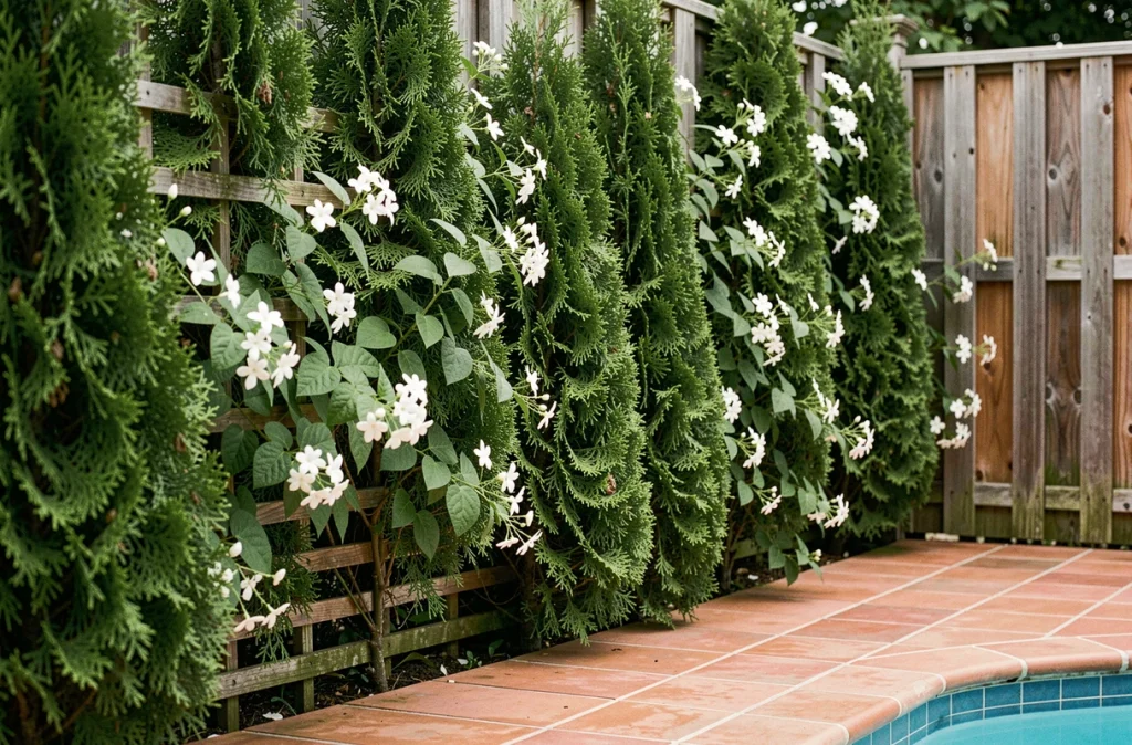 Haie d'arborvitae et jasmin grimpant sur un treillis en bois pour délimiter un espace piscine privatif