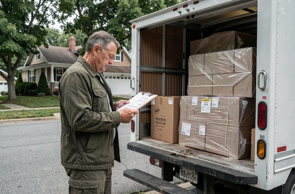 Homme consultant un plan de sol devant un camion de déménagement chargé dans une rue résidentielle