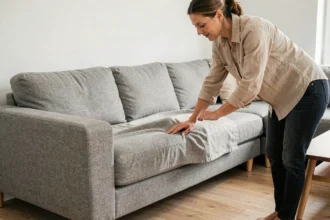 Femme ajustant une housse sur mesure sur un canapé d'angle gris dans un salon moderne