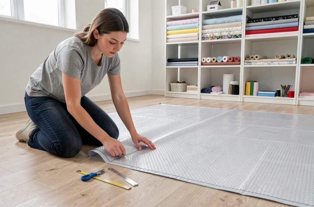 Jeune femme inspectant les coutures renforcées d'une grande bâche à bulle dépliée sur le sol d'un atelier de couture DIY