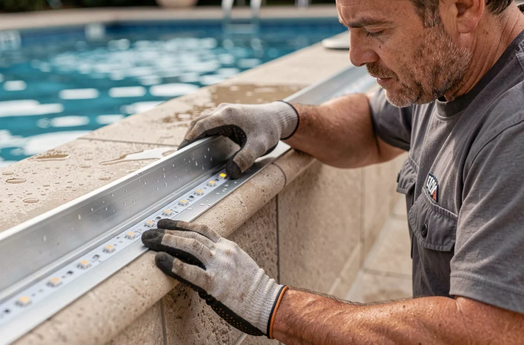 Gros plan sur l'installation d'un bandeau LED étanche sur le rebord d'une piscine avec rail en aluminium