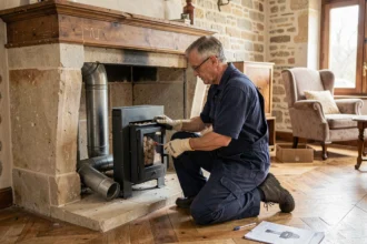 Technicien installant un insert à granulé dans une ancienne cheminée en pierre dans un salon traditionnel français