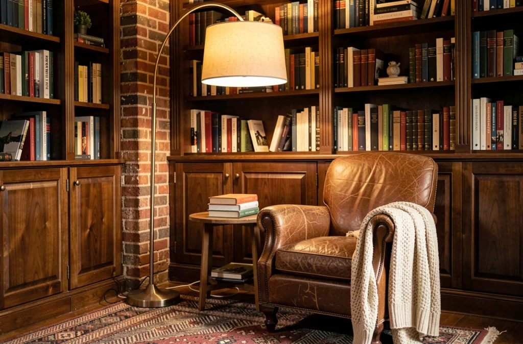 Lampadaire arc design dans un coin lecture cosy avec fauteuil en cuir et bibliothèque en bois sombre