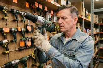 Homme inspectant une perceuse électrique dans un magasin de location d'outils de bricolage