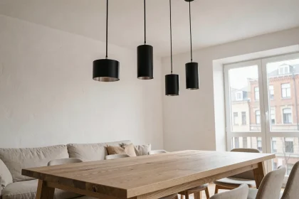 Luminaires suspendus design au-dessus d'une table en chêne dans un salon moderne au style scandinave